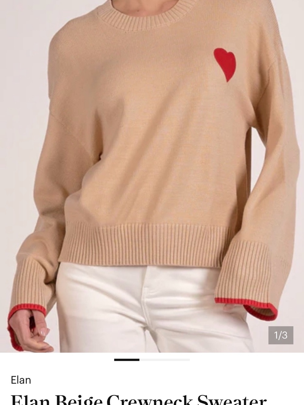 NWT Elan Beige Crewneck Sweater with Red Velvet Heart Detail